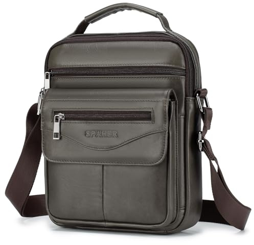 SPAHER Men Leather Handbags Shoulder Bags Messenger Business Bag Waterproof Crossbody Satchel Sling Travel Daily Bag Man with Adjustable Shoulder Strap for Ipad 11 Inch Light Coffee