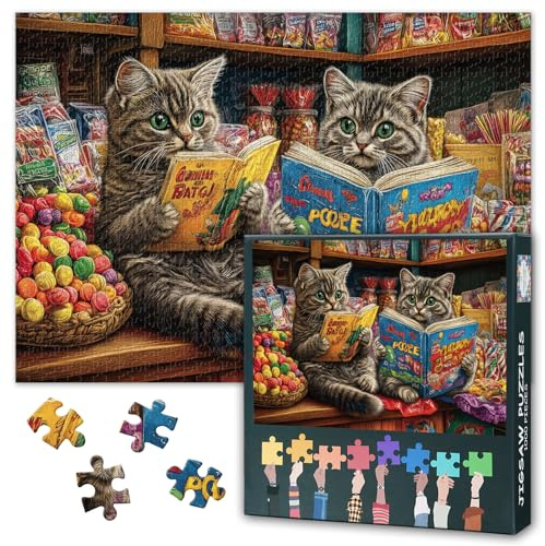 Puzzle 1000 Teile Erwachsene Zwei Katzen lesen EIN Buch Puzzle Für Erwachsene Katzen Puzzles Perfekt Für Spieleabende Lernspielzeug Heimdekorationen, 50x70cm
