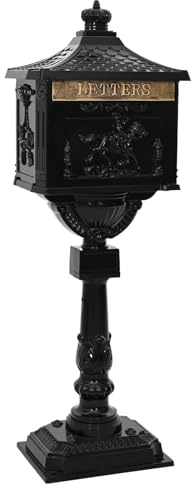 vidaXL Standing Mailbox Black 42.5 x 29.5 x 117 cm Cast Aluminum, Vintage Garden Mailbox, Waterproof Aluminium Receiver, Decorative Mailholder, Functional Outdoor Decor, Secure Storage