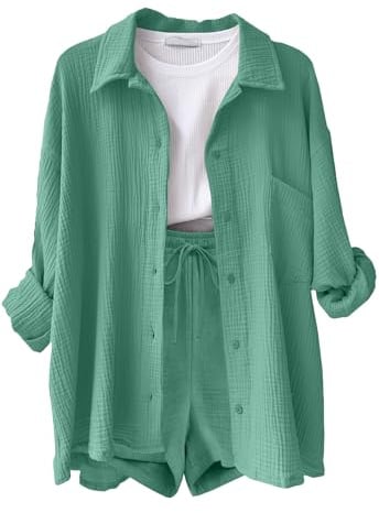 Yutdeng Conjunto Mujer Dos Piezas Casual Lino Traje de Verano Ligero 2 Piezas Conjuntos Chándal Blusa Manga Larga Pantalones Cortos Ropa de Playa Vacaciones Deportivo Casa Trabajo Loungewear Elegante