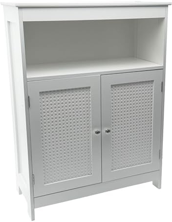 Wohnling Standregal Weiß 80cm – Stauraumregal 2 Schranktüren im Rattan Design & Ablage – schmales Wohnregal Flur & Wohnzimmer – Kleiner Schrank – Kommode Wiener Geflecht Beistellschrank