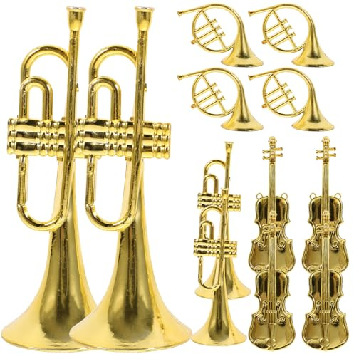 JECOMPRIS 12 Stück Kleiner Instrumenten aus Abs Realistische Horn Trompeten und Geigen Ornamente Goldfarbene Weihnachtsbaum Deko für Selbstgemacht und Festdekoration