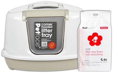 Petface Cat Hygiene Bundle - Includes Hooded Corner Cat Litter Tray 56L x 38W x 46H cm & Litter Tray Drawstring Liners, 50 Large Liners
