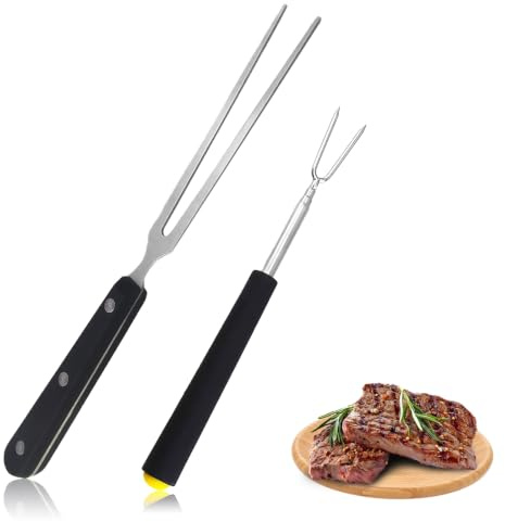 2 Pcs Carving Fork,Stainless Steel Two Prong Meat Fork & Extendable Marshmallow Stick with Heat Resistant Handle for Slicing Serving Roasts BBQ Cooking