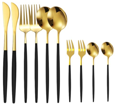 Cubiertos Acero Inoxidable 410 lgado Negro Y Dorado 2 Juegos | Cuchillo tenedor y cuchara con mango redondo pintado