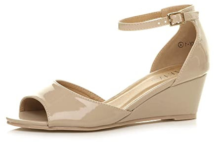 Womens Ladies Low mid Wedge Heel Ankle Strap Casual Evening Sandals, Nude Patent, 7 UK