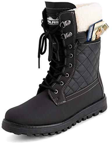 Polar Damen Memory Foam Außentasche Innentasche Reißverschluss Thermo Wasserdicht Deep Tread Gummisohle Schneestiefel, Schwarzes Leder/beigefarbenes Lammfell, 40.5 EU