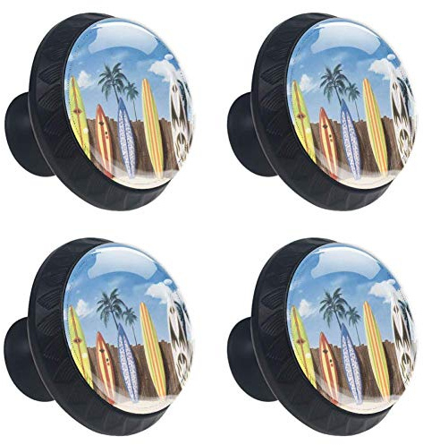 Beach Surfboard with Palm Trees Cabinet Door Knobs Handles Pulls Cupboard Handles Drawer Wardrobe 4pcs