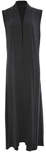 Romaans Womens Ladies Sleeveless Maxi Long Length Boyfriend Cardigan Collared Top Long Floaty Duster Jacket Coat Blazer Waistcoat (Black, XL 16/18)