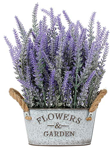 Briful Lavanda artificiale floccata pianta di lavanda artificiale in vaso, fiori di lavanda finti in vaso galvanizzato, piante finte per interni ed esterni, decorazione per la casa e il bagno