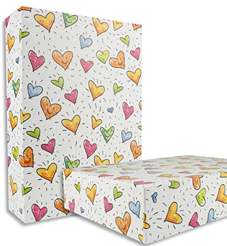 Hochwertige Aufbewahrungs- und Geschenkboxen - 3 Stück - DIN A4 - Motiv bunte Herzen bezogen - 302 x 213 x 70 mm