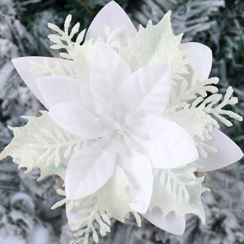 Vitalili Lot de 12 poinsettia artificielles de Noël avec pinces et tiges à paillettes pour sapin de Noël, décoration de fête d'hiver (Blanc)