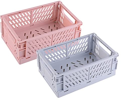 Misazy Storage Basket 2 Pcs Collapsible Crate, Folding Storage Box, Pink and Blue Plastic Crates for Cosmetics, Stationery and Desk Accessories