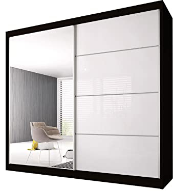 Fabryka Mebli Idźczak Kleiderschrank mit Spiegel - Schwebetürenschrank - Schlafzimmerschrank - 61 x 203 x 218 cm - Schrank für Schlafzimmer, Ankleidezimmer, Garderobe, Wohnzimmer - Schwarz, Weiß