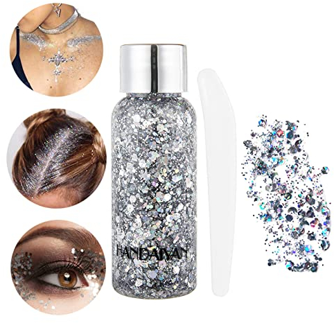 KöRper Glitzer Gel Glitter Liquid Face Body Glitter Gel Festival Glitter Mermaid Sequins Chunky Glitter Liquid Gesicht Haar Make-up Long Lasting Sparkling mit 1 LöFfel Silber