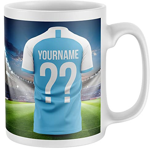 Personalised Supporters Mug, Football Kit Shirt Name and Number Coffee Cup, All Teams and Colours. Fan Birthday Gift Idea for Son, Daughter, Mum, Dad, One Size, Sky Blue White