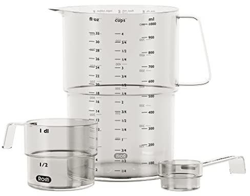Rosti Mensura Messbecher-Set aus SAN-Kunststoff, 3er-Set, Messlöffel 15ml, Messbecher 100ml & Litermaß 1 liter, Klar