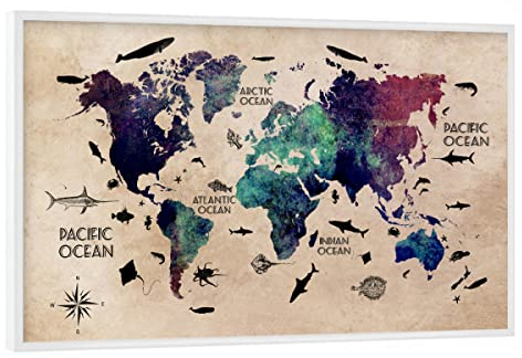 artboxONE Poster mit weißem Rahmen 90x60 cm Weltkarte Reise Bunte Weltkarte - Bild World map Weltkarte World map
