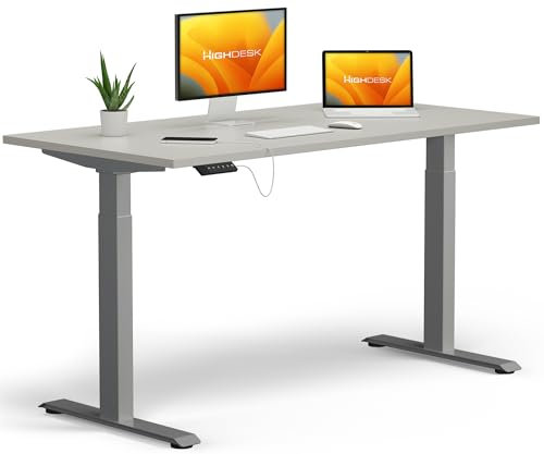KRIEG HighDesk Basic Höhenverstellbarer Schreibtisch 120 x 70 cm I Silber + Grau - Elektrischer Sitz- & Stehtisch mit Tischplatte - Stehschreibtisch Elektrisch Höhenverstellbar