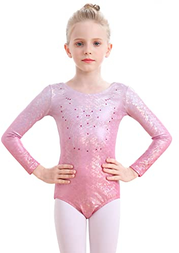 Monbessi Turnanzug Mädchen Langarm Glitzernde Kinder Gymnastikanzug Rundhalsausschnitt Dancewear 5-12 Jahre (130, Rosa)