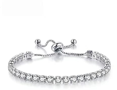 CCAIPU Bracelet Femme 18k Plaqué Or Zircone Strass Bracelet Classique Tennis Bracelet pour Femmes Filles Cadeaux (Silver, alliage)
