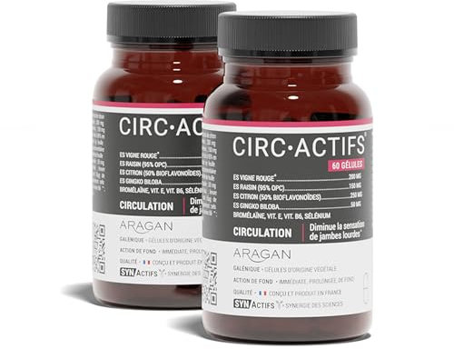 ARAGAN - Synactifs Lot de 2 Circactifs Pilulier - Complément Alimentaire Circulation Jambes Lourdes - Vigne Rouge, Raisin, Citron, Vitamines - 60 gélules - 1 mois de prise - Fabriqué en France