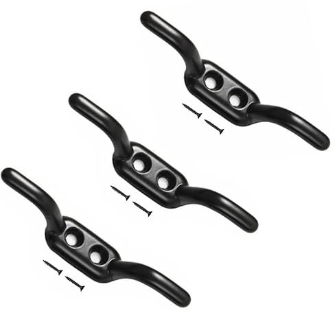 TERF® Lot de 3 crochets robustes en corde noire antique de 90 mm [9,9 cm] pour corde à linge, rideau, bateau, mât de drapeau, corde avec vis de fixation et utilisation polyvalente