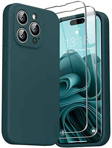 GOODVISH Hülle Kompatibel mit iPhone 14 Pro mit 2 Stück Schutzfolie, Liquid Silikon Handyhülle, Kameraschutz und Bildschirmschutz, Rundumschutz stoßfeste Case für 14 Pro 6,1, DunkelGrün