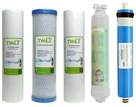 TWaLa Marken Osmose Ersatzfilter Set 10 Zoll mit Membrane 75 GPD (3 Vorfilter + Membrane + Nachfilter)