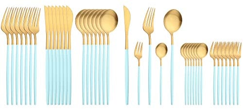 JASHII 40pcs Matte Mint Green and Gold Flatware Silverware Set, Stainless Steel Cutlery Set for 8, Include Cake Fork Tespoons Dishwasher Safe for Home Restaurant.