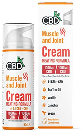 CBDfx 1000mg CBD/1000mg CBG, High Strength CBD Cream for Joints and Muscles with Caffeine, Vanillin, Tea Tree Oil and White Willow Bark, Heating Formula, 50ml