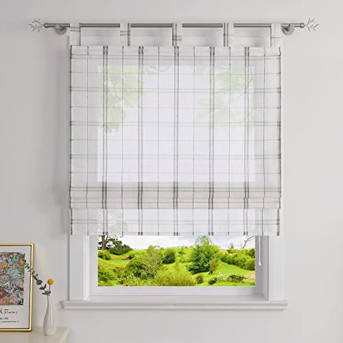Heichkell Raffrollo Leinen-Optik Raffgardine mit Schlaufen Kariert Gardinen im Landhausstil Vorhang mit Karo-Design Grau BxH 120x140cm