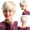 EMMOR Kurze Platinblonde Menschenhaar Perücken für Frauen Mischung mit gesundem Gedächtnis Faser Pixie Lockige Perücke mit Knall, natürliches tägliches Haar