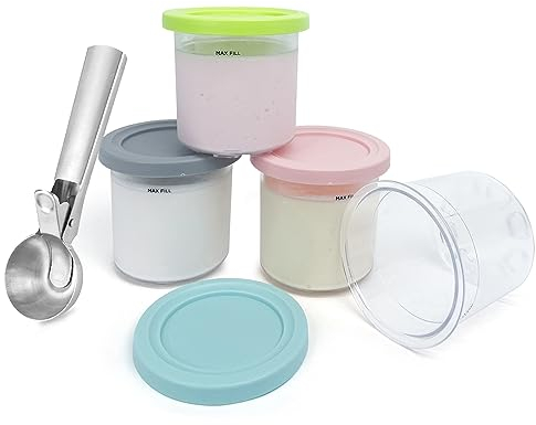 CUTIECLUB Dessert Tubs 4PCS Pints Containers with Lids and Stainless Steel Ice Cream Scoop Set for Ninja Creami, Compatible with NC299AMZ & NC300s Series Creami Ice Cream Makers
