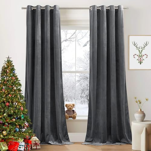 PONY DANCE Schlafzimmer Gardinen Samt Grau (300g/m²) Schwere Vorhänge Kälteschutz Thermogardine Samtvorhang mit Ösen Verdunkelnde Gardinen Velvet Blackout Curtains, 2er Set H 220 x B 132 cm