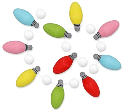 Whaline Weihnachts-Filz-Girlande, bunt, 3D-Glühbirne, Pompon-Banner, Weihnachten, dekorative Regenbogenbirne, hängende Wimpelkette für Weihnachtsbaum, Urlaub, Zuhause, Kamin, Fenster, Wanddekoration