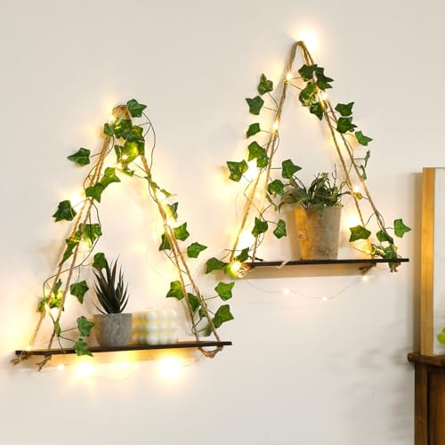Künstliche Efeu-Wandregale im Boho-Stil, Wanddekoration, verstellbares rustikales Holzregal mit LED-Licht-Aufbewahrungsregal, Makramee-Pflanzenschalen, Halter für Schlafzimmer, 2 Stück