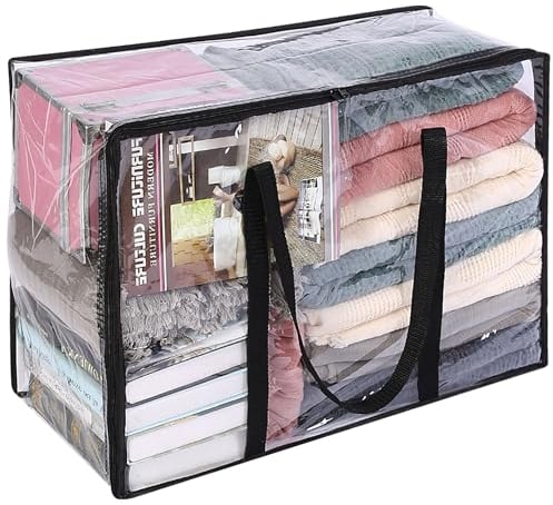 Vieshful 1 Pack Clear Storage Bags 40L Clothes Storage Bags with Zips Underbed Storage for Clothes, Duvet, Blankets, Toys Plastic Moving Bags Black