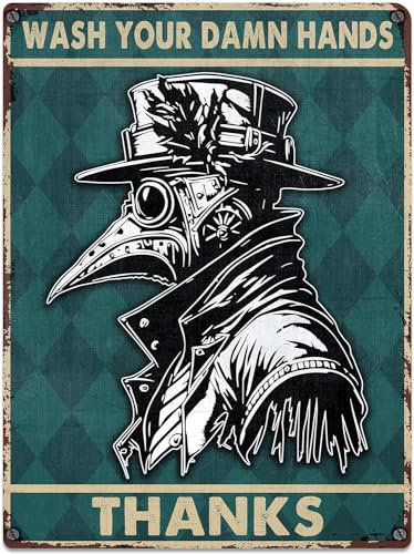 Blechschild mit Aufschrift Wash Your Hand Plague Doctor im Vintage-Stil, Halloween-Gothic-Schilder für Badezimmer, Wanddekoration, Bauernhaus, WC, Waschraum, Einweihungsgeschenke, 30,5 x 40,6 cm