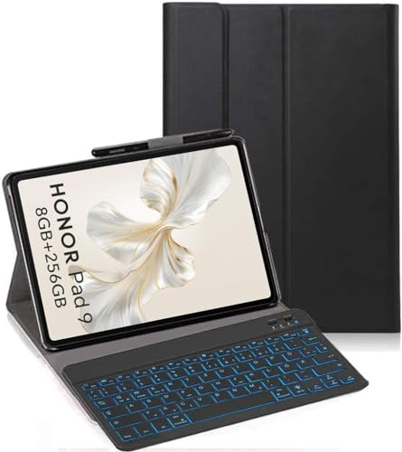 YHFZR Tastatur Hülle für Honor Pad 9 Tablet, [Deutsches QWERTZ] Slim Hülle mit 7 Farben Beleuchtung Kabellose Tastatur mit Schützhülle für Honor Pad 9 Tablet 12,1 Zoll, Schwarz