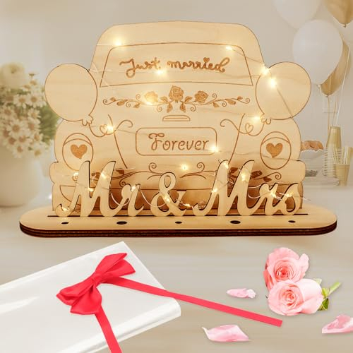 Seutgjie Geldgeschenke Zur Hochzeit, Personalisiertes Hochzeitsgeschenk Für Brautpaar mit LED Lichterkette Fliege und Geschenkpapier Holz Schild Gästebuch