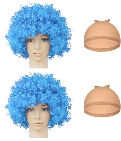 2-Teilige Blaue Afrikanische Perücken Mit 2 Perückennetzen, Verrückte Clown-Perücke, Unisex-Lockenhaar, Kunsthaar, Kostümzubehör, Maskerade-Perücken-Look