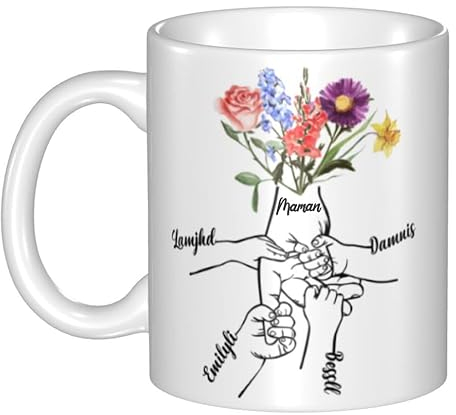 Ozinna Fleurs de Naissance Tasse Personnalisable avec Noms Texte,Tient Les Mains de Maman Mug Personnalisée,Tasse A Cafe Céramique,Noël Anniversaire Cadeau pour Maman Grand Mère Cadeau Fête des Mères