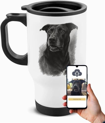 Personalised Travel Mug with Charcoal Artistic Pet Portrait of Your Dog Handmade from Photo, Unique Custom Personalised Memorial Gift