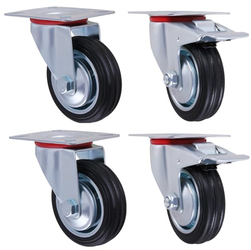 GIVIHGETI Möbelrollen Transportrollen Set Lenkrollen mit Bremse 75mm Laufrollen bis 50 KG pro Rolle 360 Grad drehbar Industrierollen für Werkbank Werkzeugwagen Paletten (2 Bremsrollen,2 Lenkrollen)