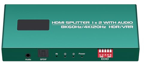 Splitter HDMI 1 in 2 Out 4K 120hz Audio Extractor Hue Sync Box Supporto Gestione EDID 1x2 Splitter HDMI Lavoro per scheda di acquisizione Soundbar, HDCP Bypass Duplicator/Mirror/Copia/Downscaler
