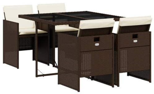 vidaXL Garten Essgruppe mit Kissen 5-TLG., Gartenmöbel Set Sitzgruppe, Essgarnitur Gartengarnitur, Terrasse Balkon Möbel Garnitur, Braun Poly Rattan