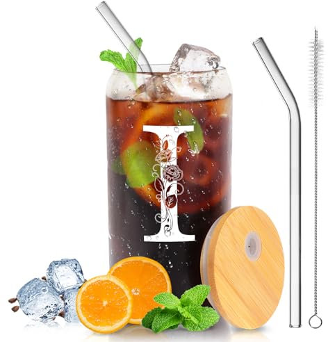 Personalized Gifts-for Women,Stylish A-Z Initial with Name, Gift for Birthday, Valentine's Day,Christmas,Teacher's Day for Mom Girlfriends Teachers,Coffee Smoothie Beer Glass with Lid Straw (I)