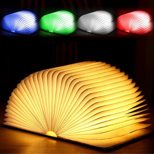 GOMETY Hölzerne Faltende Buchlampe, LED Buch Licht Dekorative USB Aufladbare 5 Farbmodi 360°Faltbar Deko Lampen Buchformig Nachtlicht für Geschenk Freundin Kinder Eltern Home Decor