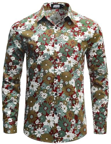 JOGAL Mens Regular fit Floral Dress Shirt Long Sleeve Printed Casual Button Down Shirts Khaki Green Medium